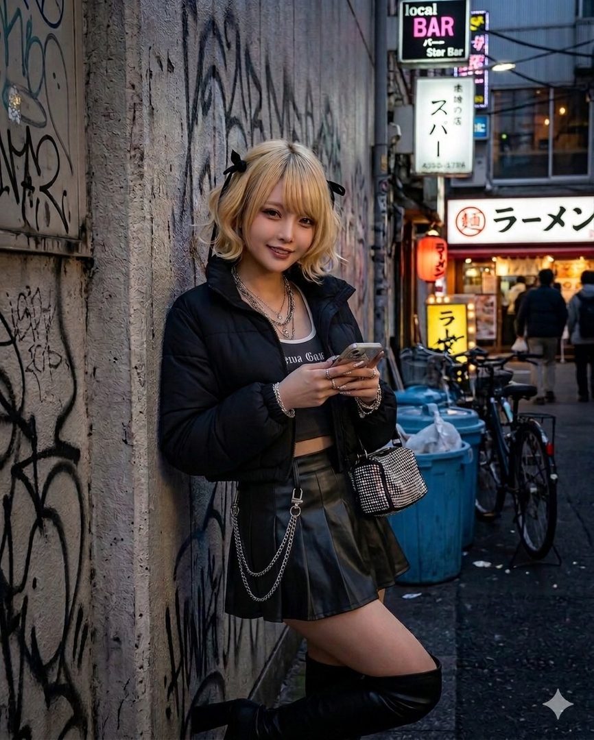 A young woman with blonde hair and a black puffer jacket poses on a graffiti-covered street in a city at night.