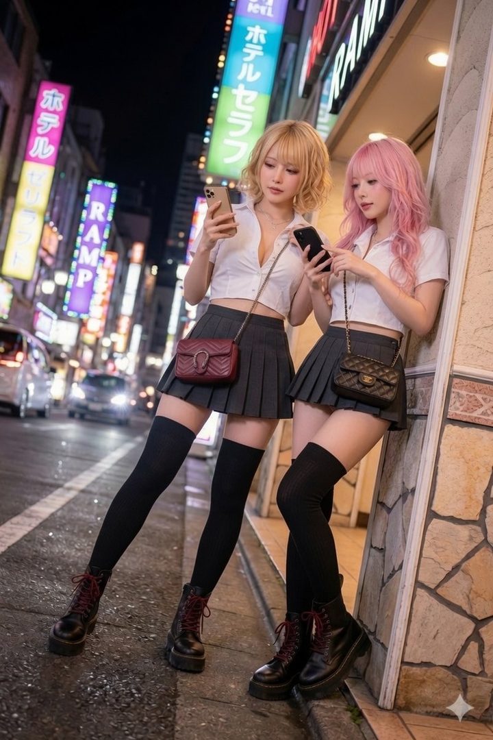 Two young women in school-uniform-like outfits and knee-high socks stand on a city street at night, looking at their phones.