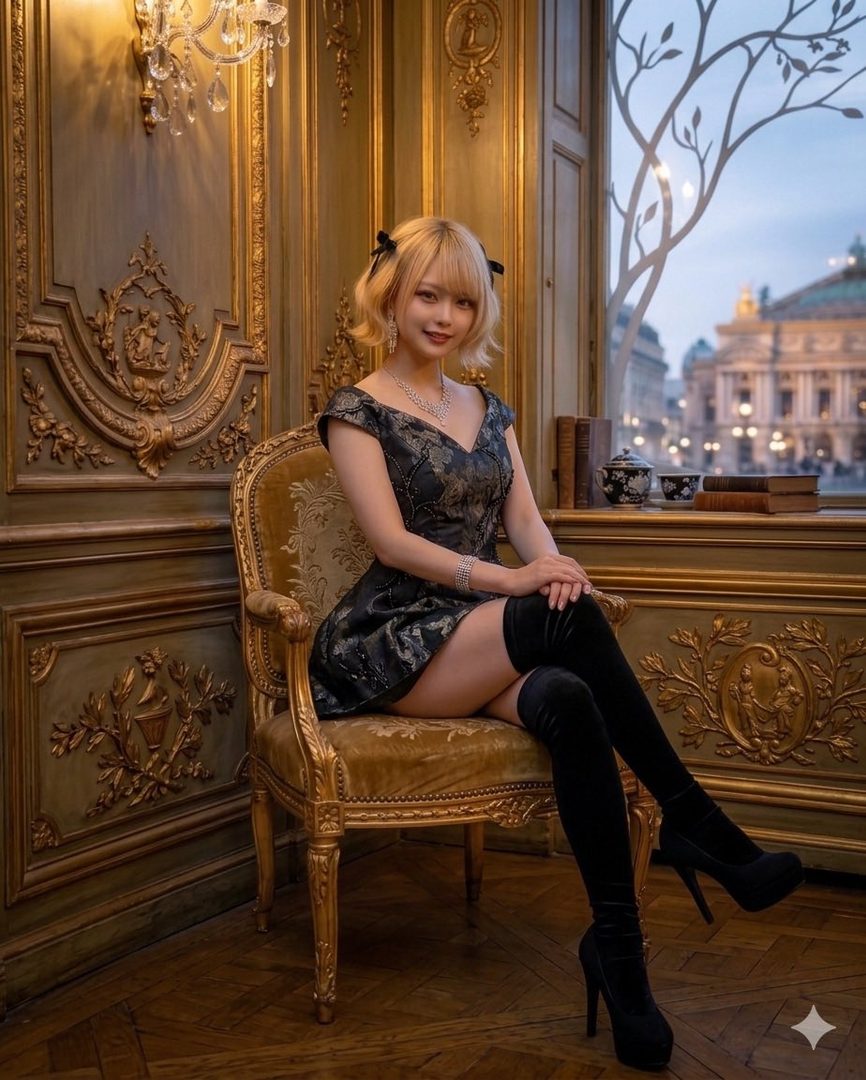A blonde woman in a black dress and thigh-high boots sits elegantly in a luxurious room with a view of a city building outside the window.