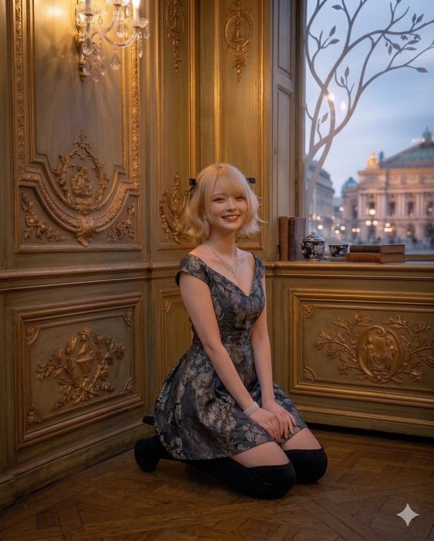 A blonde woman in a patterned dress kneels on a wooden floor in an ornate room with a window view of a city building.