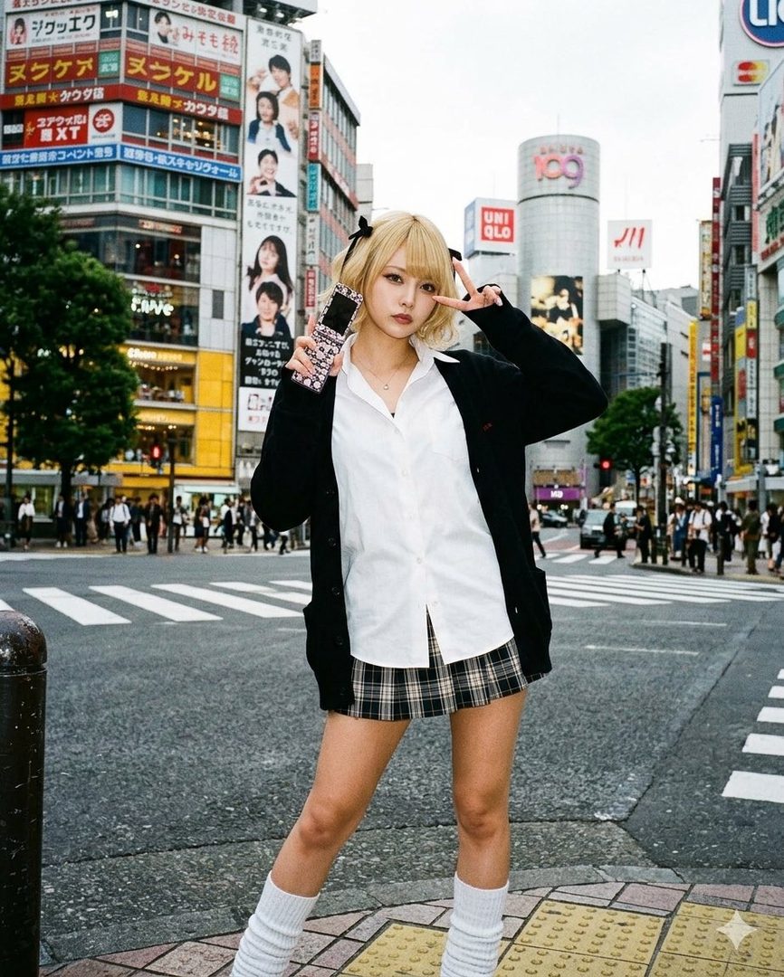 A blonde woman in a school uniform poses on a busy street in Japan, holding a flip phone and making a peace sign.