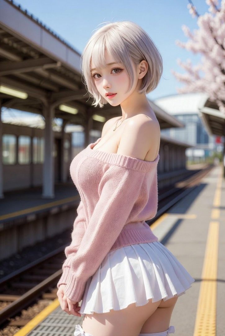 A photorealistic image of a young woman with short white hair, wearing a pink off-shoulder sweater and a white pleated skirt, standing on a train platform.
