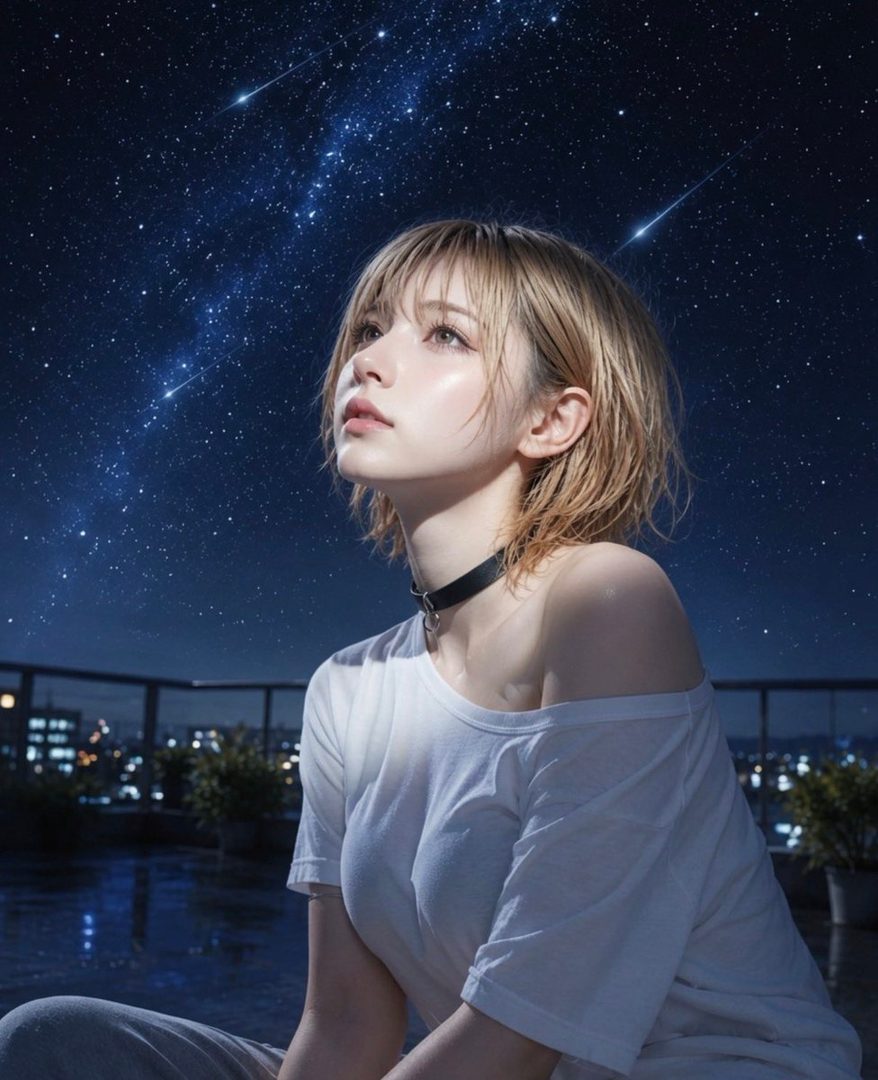 A blonde woman with short hair looks up at a starry night sky from a rooftop, with city lights in the background.