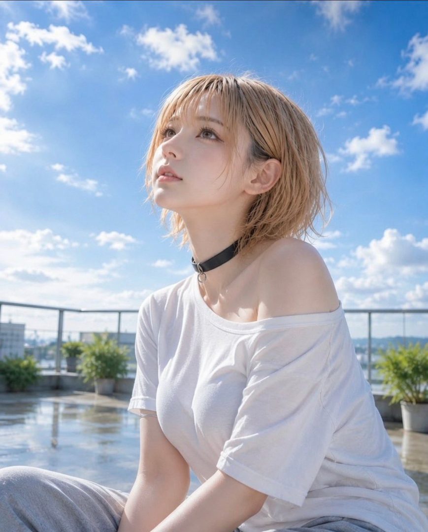 A young woman with short blonde hair and a choker looks up at the blue sky with clouds, sitting outdoors on a rooftop.
