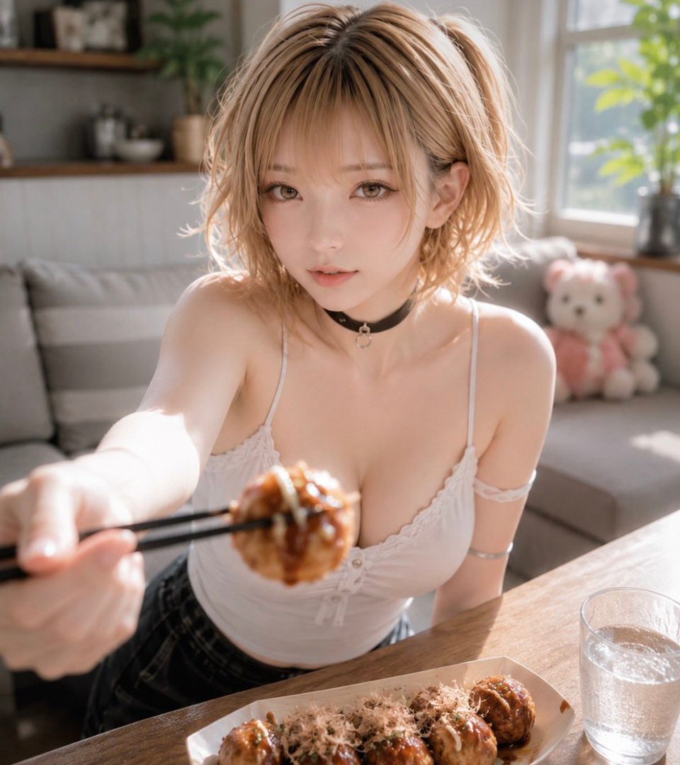 A young woman with blonde short hair and bangs, wearing a white camisole and a black choker, holds up a piece of takoyaki with chopsticks, with a plate of takoyaki and a glass of water on the table in front of her.