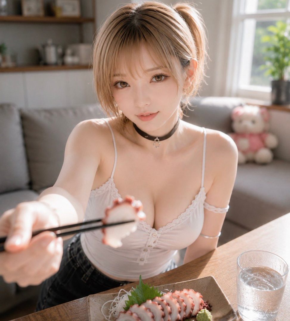 A photorealistic portrait of a young woman with blonde hair in a ponytail, wearing a white camisole, offering a piece of octopus sashimi with chopsticks.