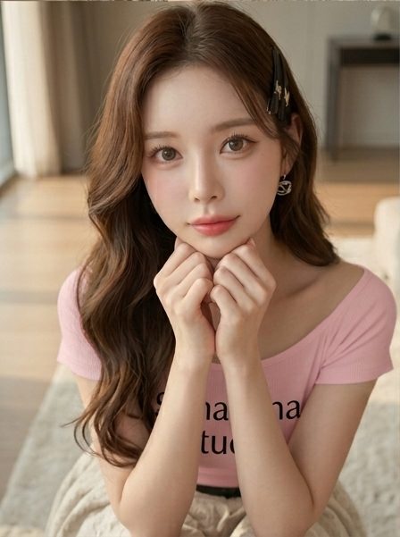 A beautiful AI-generated woman with long brown wavy hair and a pink off-shoulder top, posing with her hands under her chin.