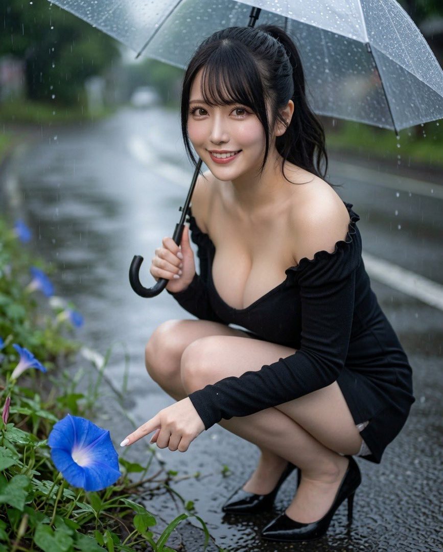 A smiling woman in a black off-shoulder dress crouches under an umbrella on a rainy street, pointing at a blue morning glory flower.