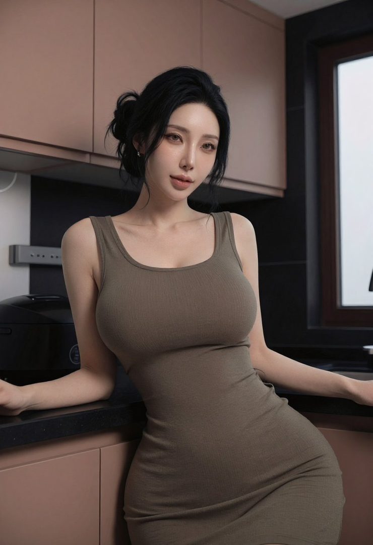 A photorealistic portrait of an East Asian woman with black hair in a tight olive green dress, leaning on a kitchen counter.