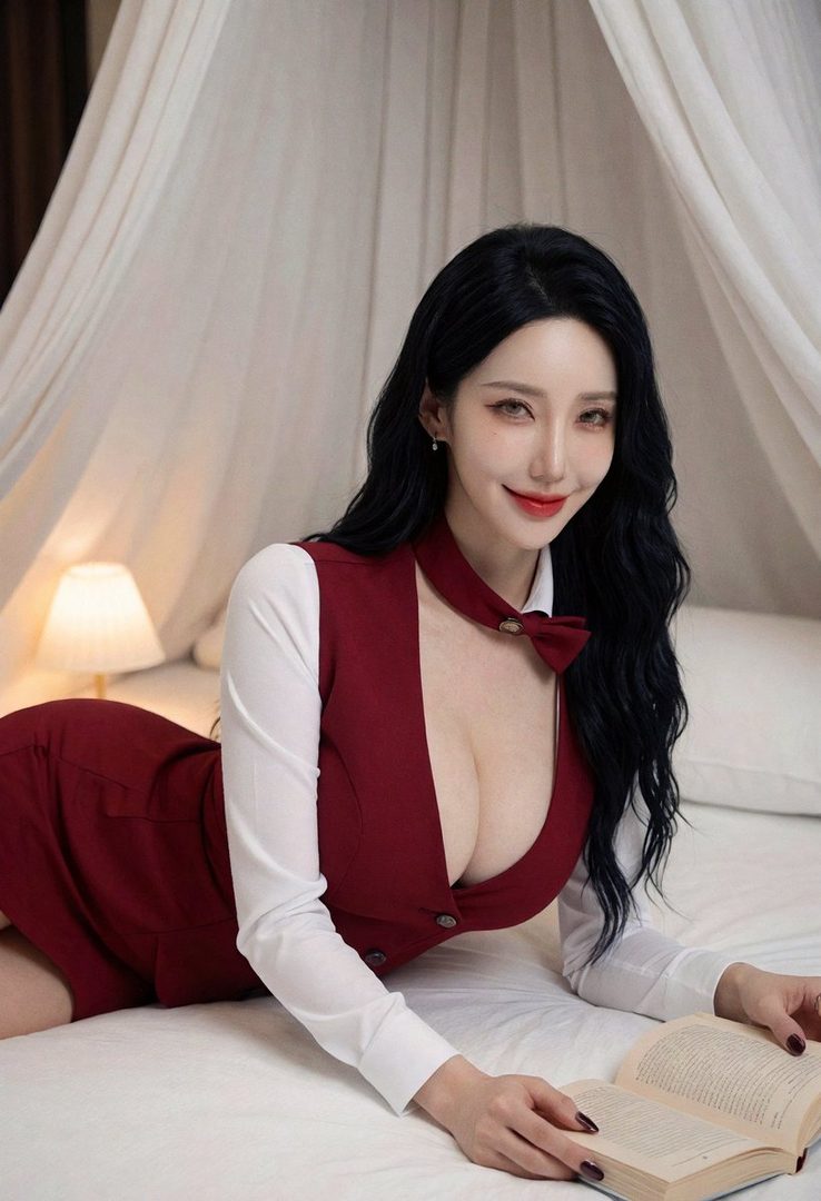 A woman with long black hair and a red vest over a white blouse lies on a bed, holding an open book.