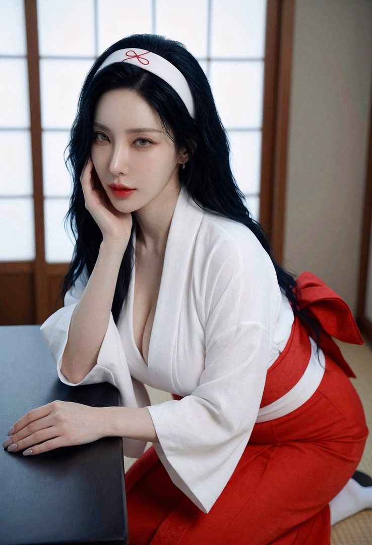 A woman with long black hair and a white headband, wearing a white kimono top and red hakama, poses indoors.