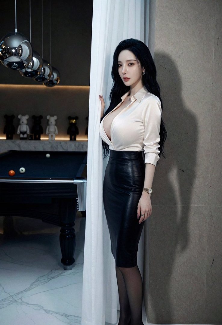A woman with long black hair wearing a white blouse and black leather skirt stands indoors next to a curtain, with a pool table in the background.