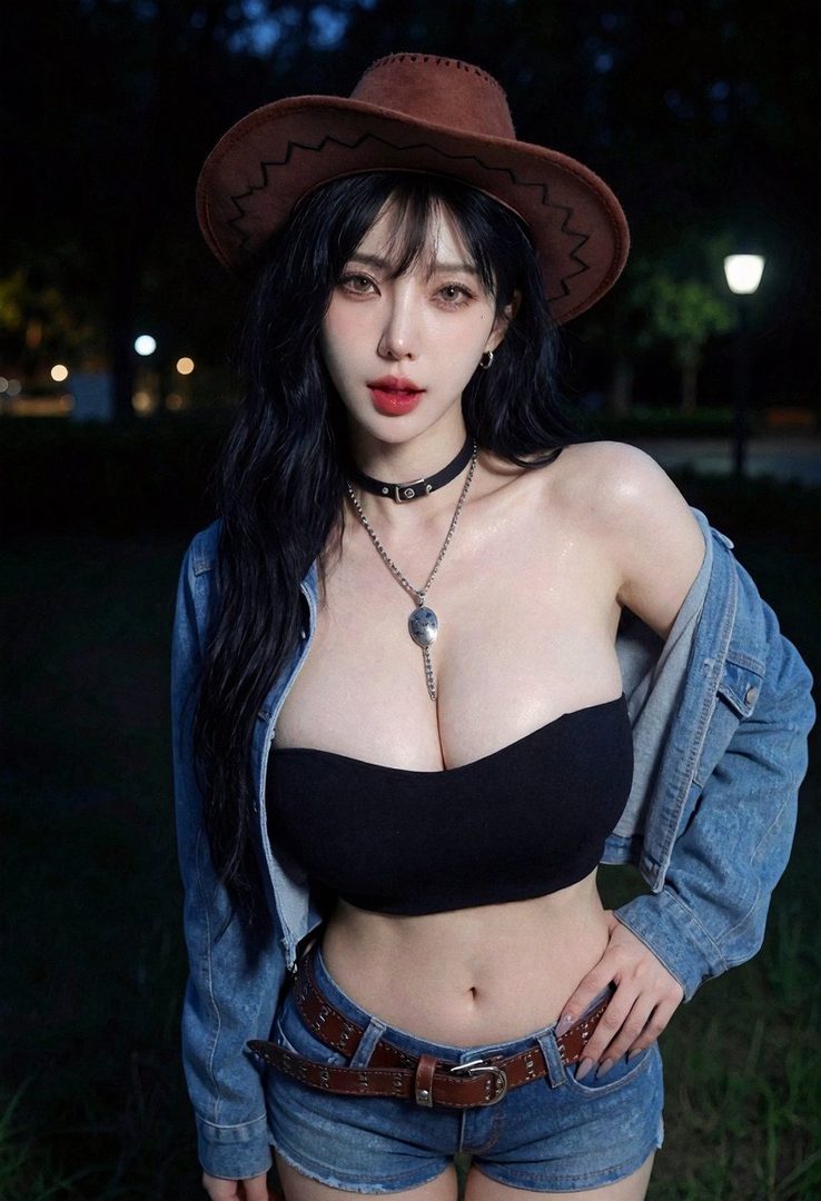 A woman with long black hair and a cowboy hat wears a black tube top, denim jacket, and shorts at night.