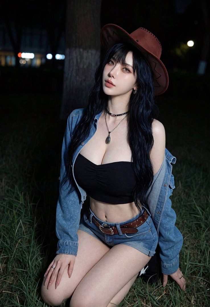 A woman with long black hair and a cowboy hat kneels on the grass at night, wearing a denim jacket, black tube top, and denim shorts.