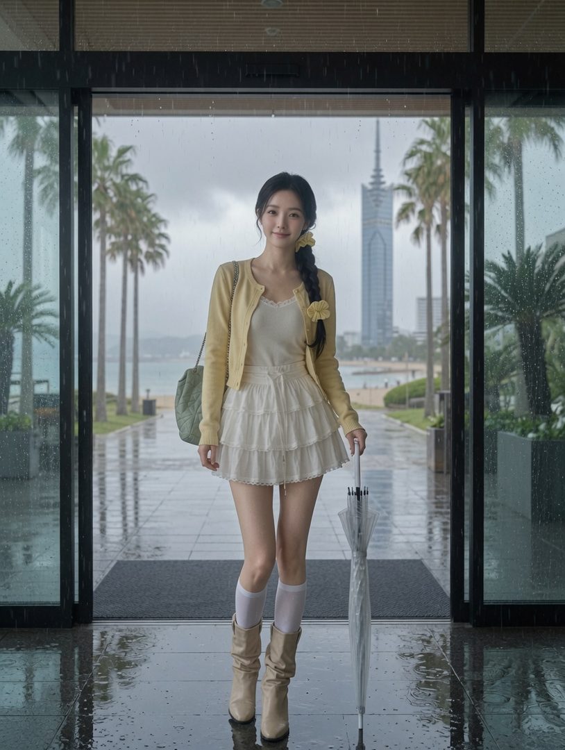 A young woman with dark braided hair and a yellow cardigan stands in a hotel entrance on a rainy day, holding an umbrella with palm trees and a city skyline in the background.