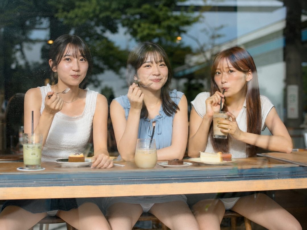 Three young women are sitting at a cafe table, eating cake and drinking beverages, seen through a window.
