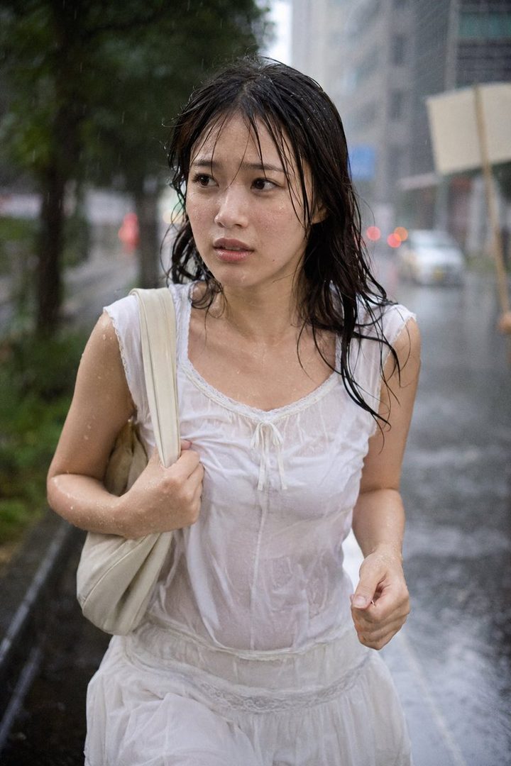A young woman with wet black hair and a white dress walks in the rain on a city street.