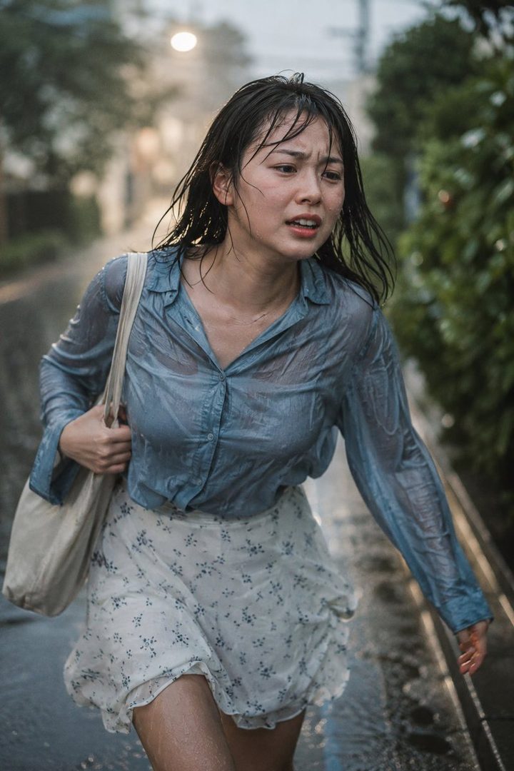 A young woman with wet black hair and clothes walks down a rainy street, looking distressed.