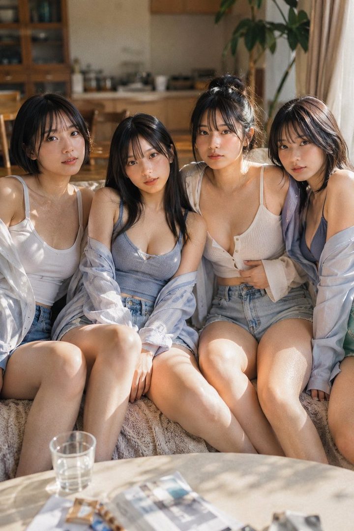 Four young women with black hair are sitting together on a couch indoors, wearing casual tops and denim shorts.