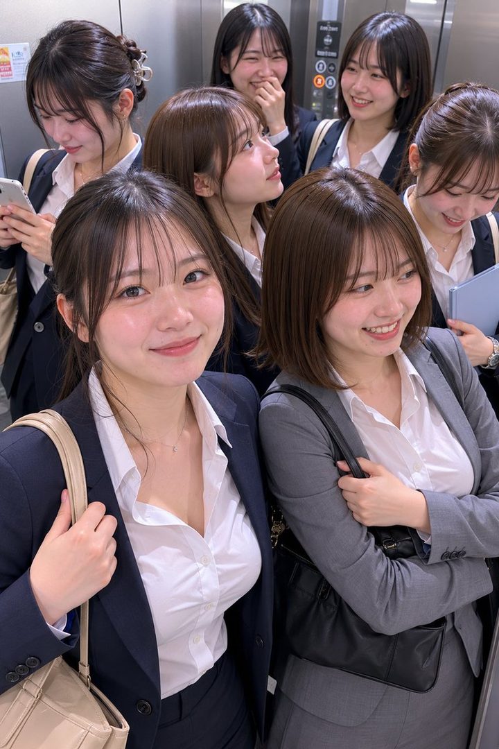 A group of young Japanese women in business suits are smiling and talking in an elevator.