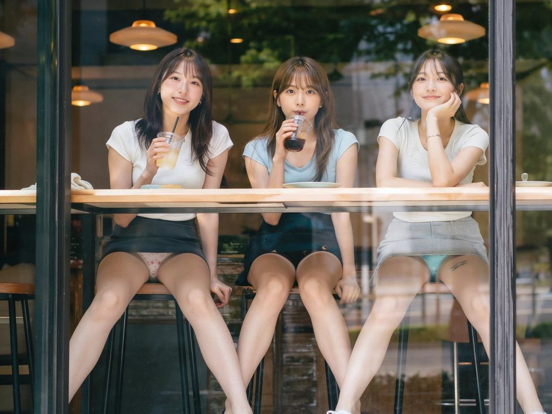 Three young women are sitting at a cafe counter, seen through a window, enjoying drinks.