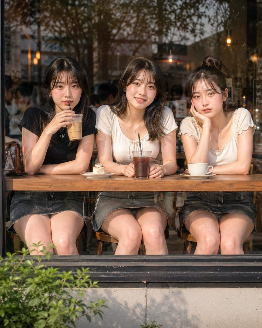 Three young women with dark hair are sitting at a wooden table in a cafe, seen through a window, enjoying drinks and dessert.