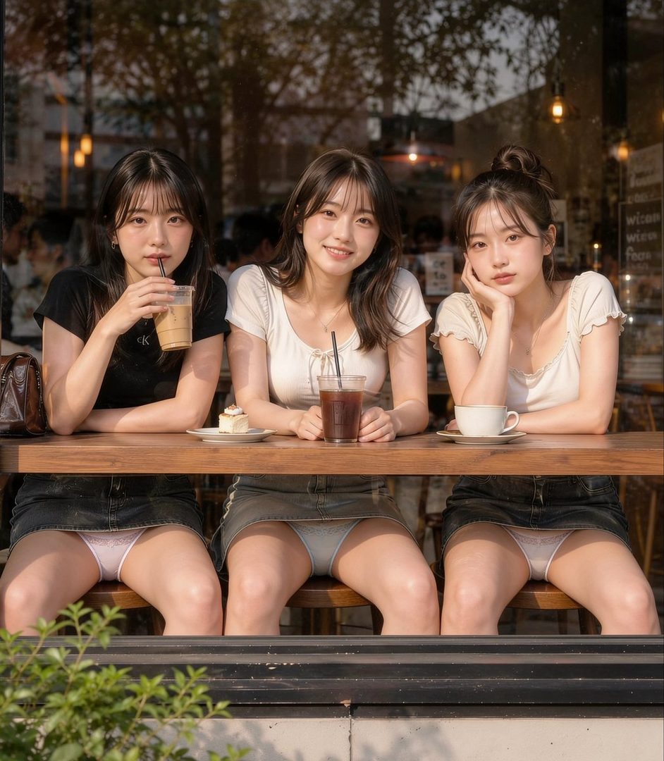 Three young women are sitting at a cafe table, seen through a window, with two of them holding drinks and one resting her chin on her hand.