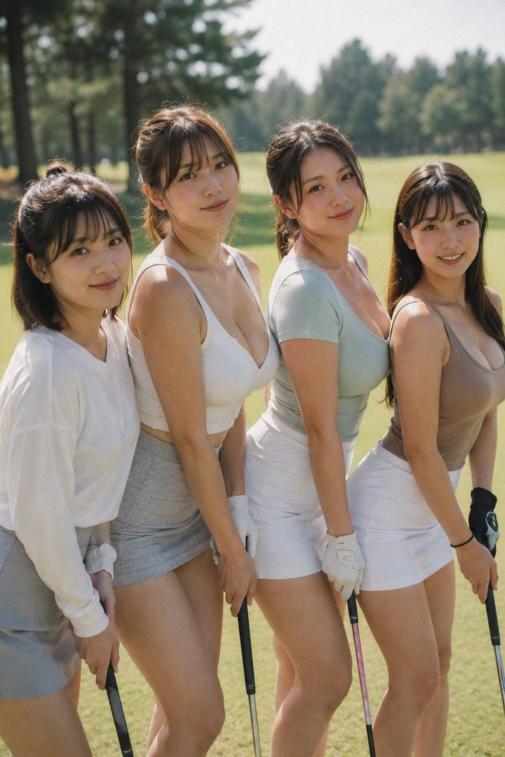 Four young women in golf attire pose on a golf course, holding golf clubs and smiling at the camera.