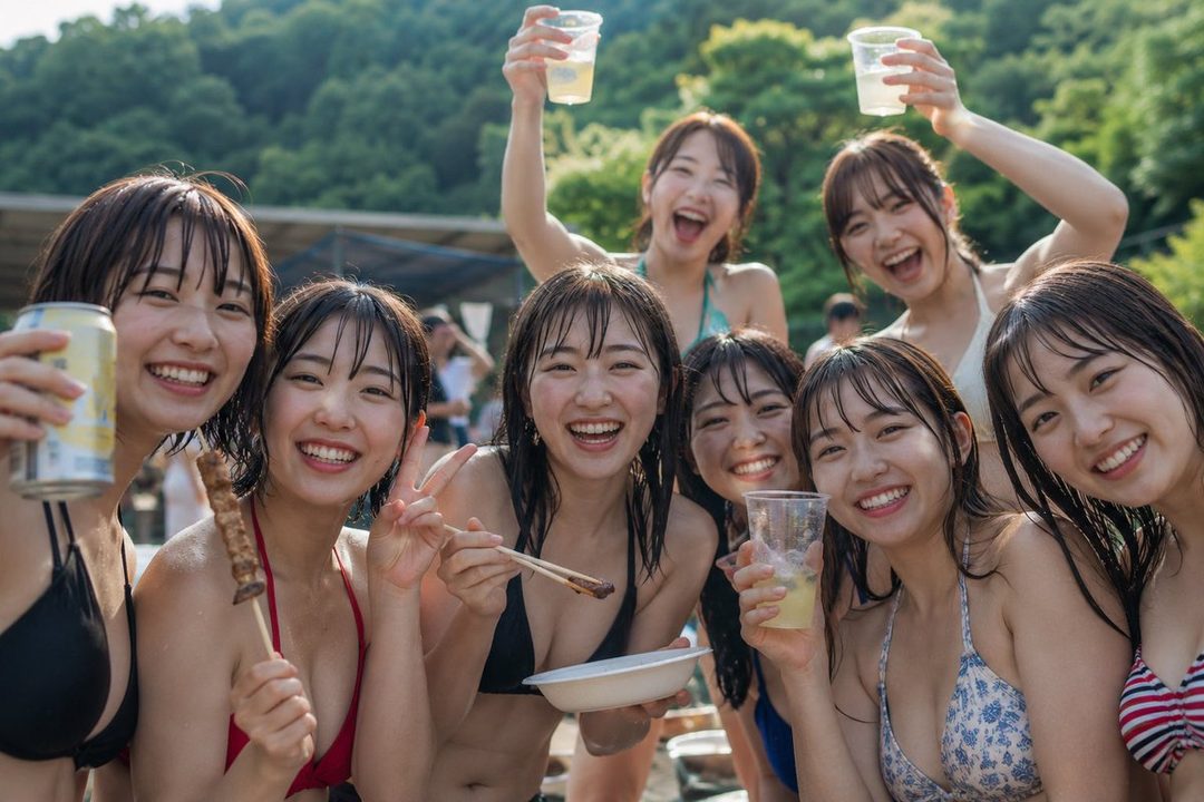 A group of young Japanese women in swimwear are smiling and laughing outdoors, holding drinks and food.