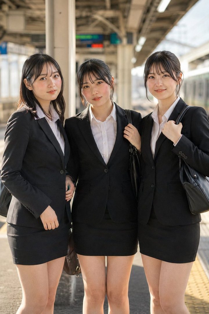 Three young women in black suits and white shirts stand on a train platform, looking at the camera.
