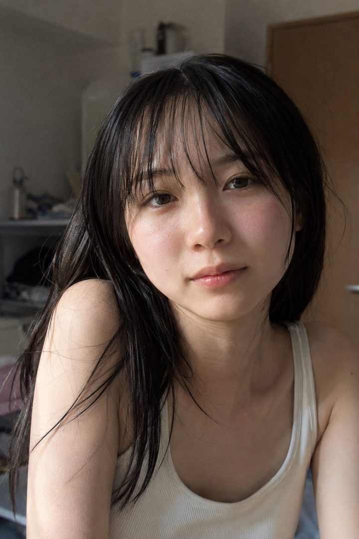 A photorealistic portrait of a young East Asian woman with long black hair and bangs, wearing a white tank top, looking directly at the camera indoors.