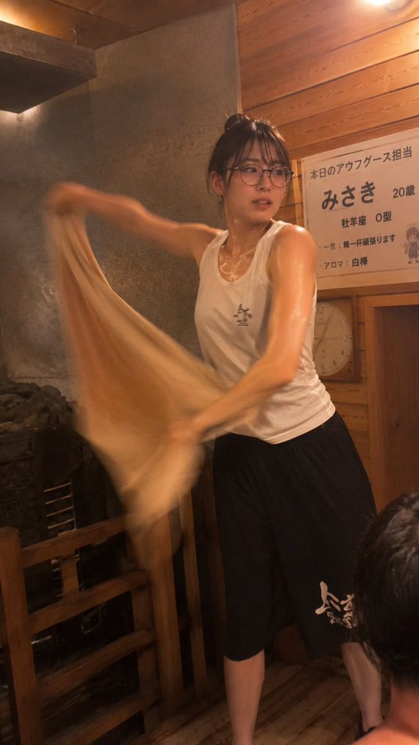 A young woman with glasses and a white tank top is in a sauna, holding a towel in motion.