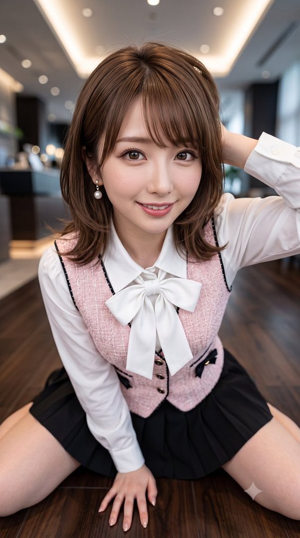 A cute Japanese woman with brown hair and bangs, wearing a white blouse and pink vest with a black skirt, smiles while posing indoors.
