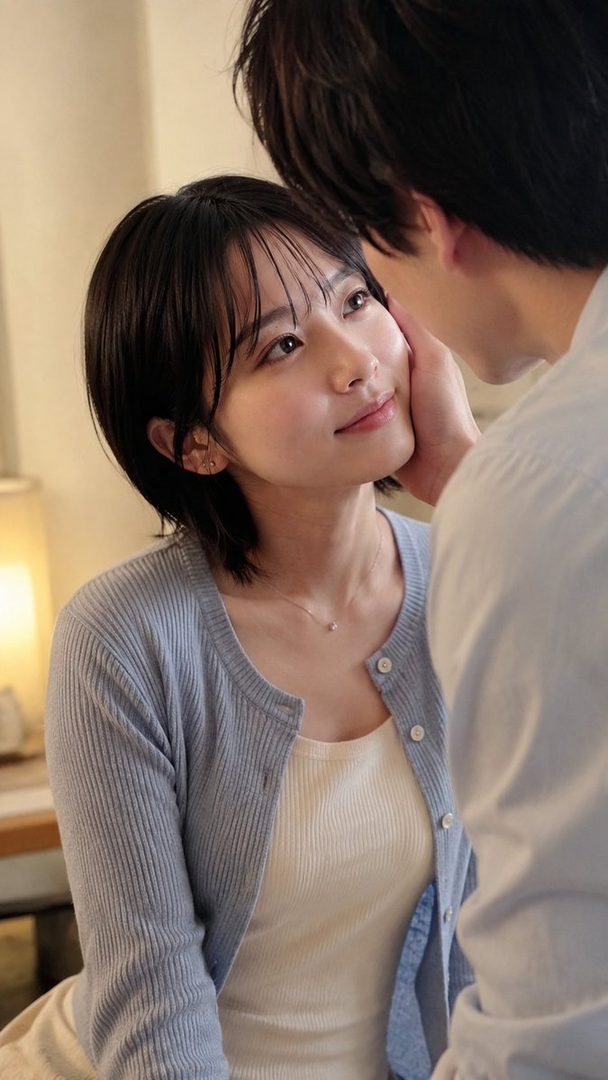 A short-haired woman in a light blue cardigan looks up lovingly at a man whose hand is gently touching her cheek.
