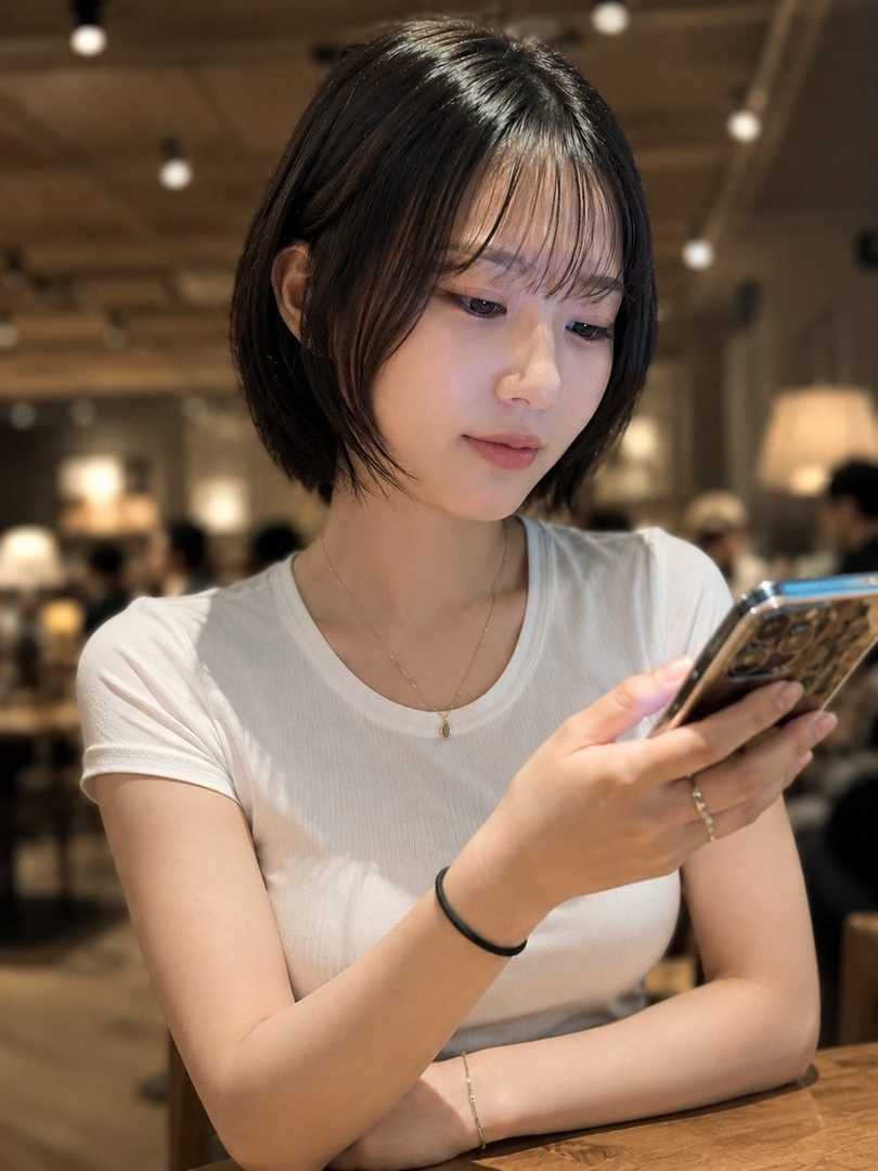 A young woman with short black hair and bangs, wearing a white t-shirt, looks down at her phone while sitting indoors.
