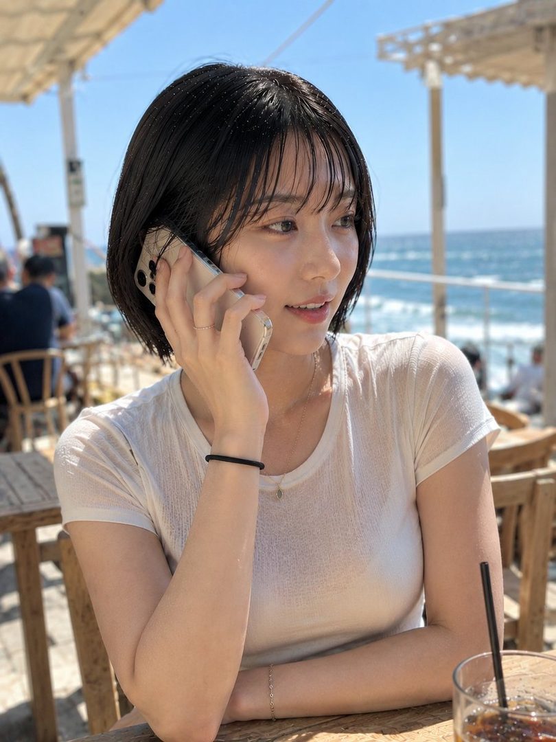 A young woman with short black hair is talking on a phone at an outdoor cafe by the beach on a sunny day.