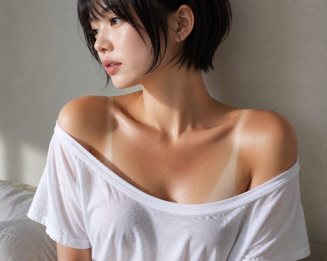A photorealistic portrait of a woman with short black hair and tan lines on her shoulders, wearing a white off-the-shoulder top, looking away from the camera.
