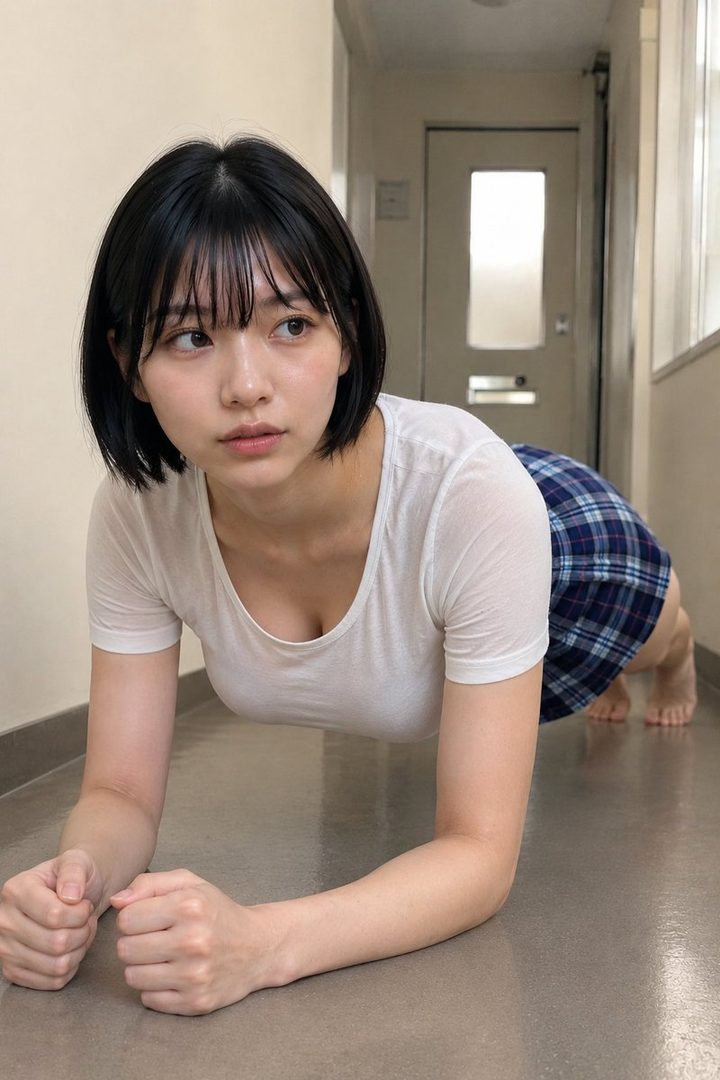 A young woman with short black hair and bangs is doing a plank exercise indoors, wearing a white t-shirt and a plaid skirt.