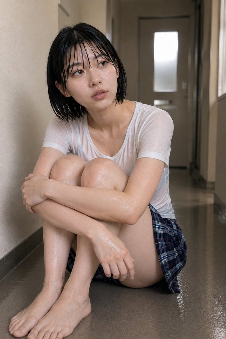 A young woman with wet black hair and a white t-shirt sits on a wet floor in a hallway, looking away thoughtfully.