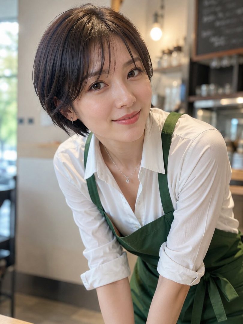 A photorealistic portrait of a young woman with short brown hair and bangs, wearing a white shirt and a green apron, smiling gently in an indoor setting.