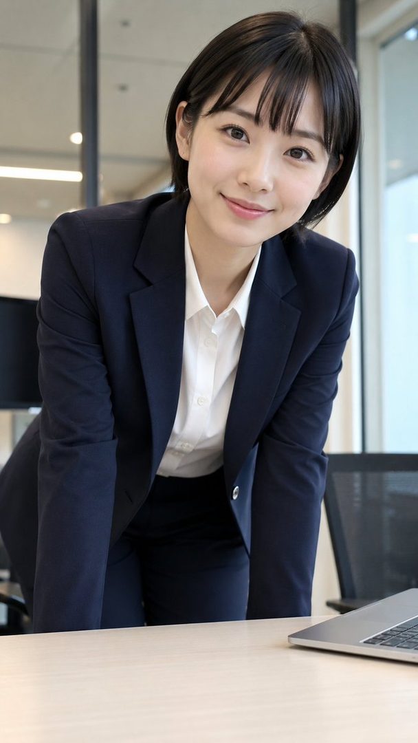 A young woman with short black hair and bangs, wearing a dark suit and white shirt, leans forward on a desk in an office setting, smiling gently at the camera.