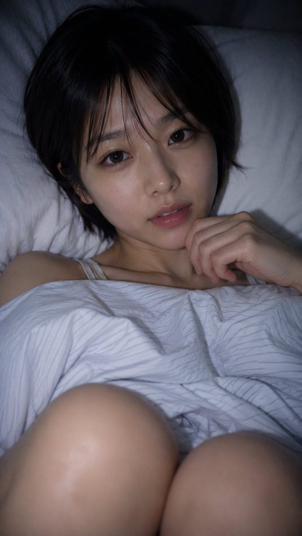 A photorealistic portrait of a young East Asian woman with short black hair, lying in bed under a white striped blanket, looking directly at the camera.