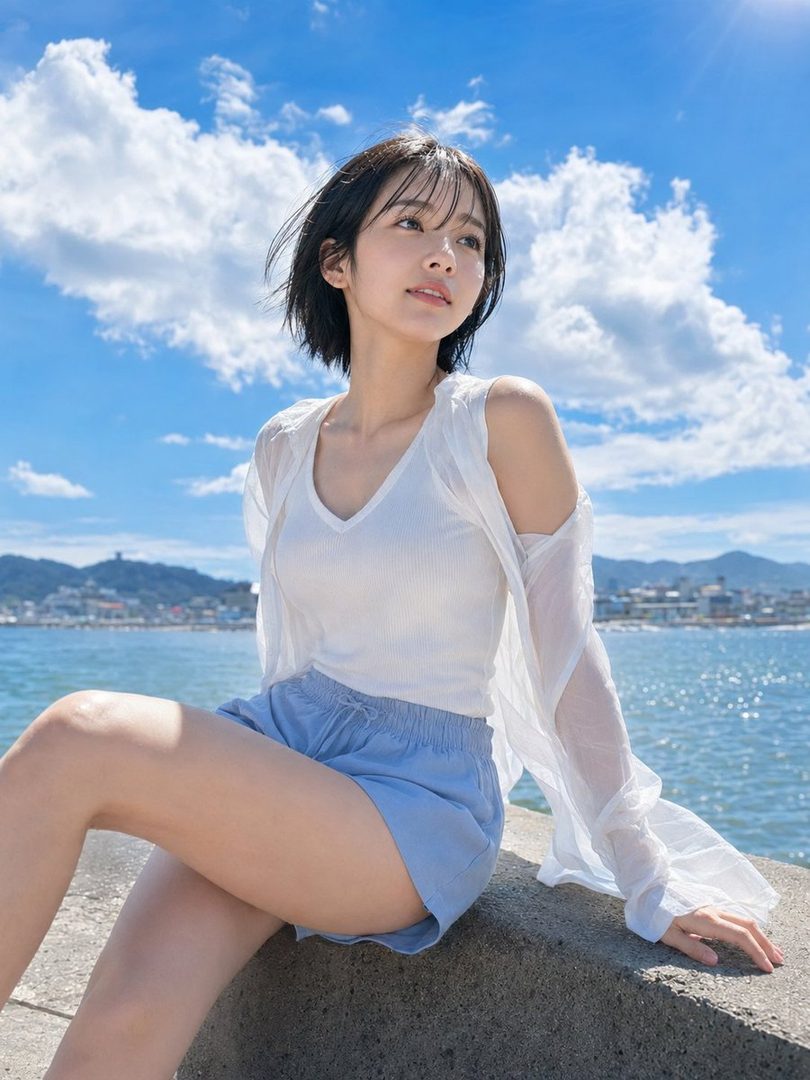 A young woman with short black hair sits by the water under a bright blue sky with white clouds.