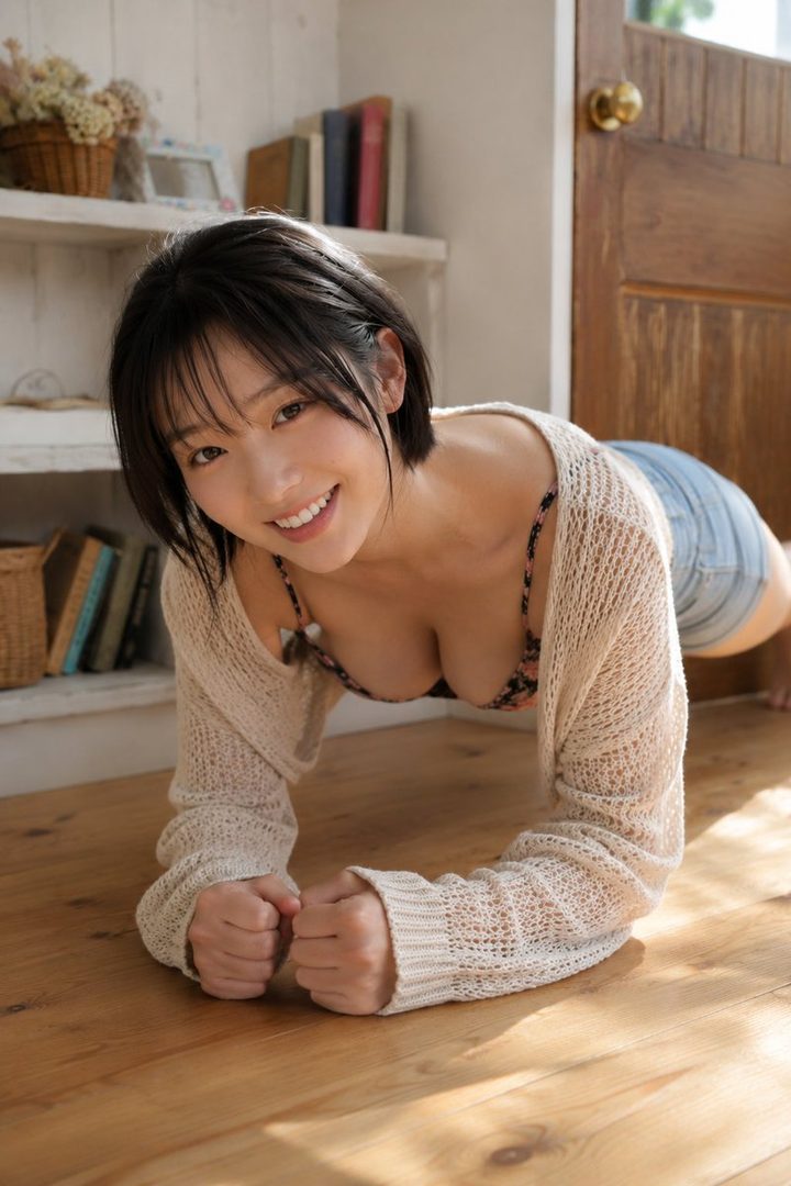 A smiling woman with short black hair is doing a plank exercise indoors, wearing a light cardigan and denim shorts.