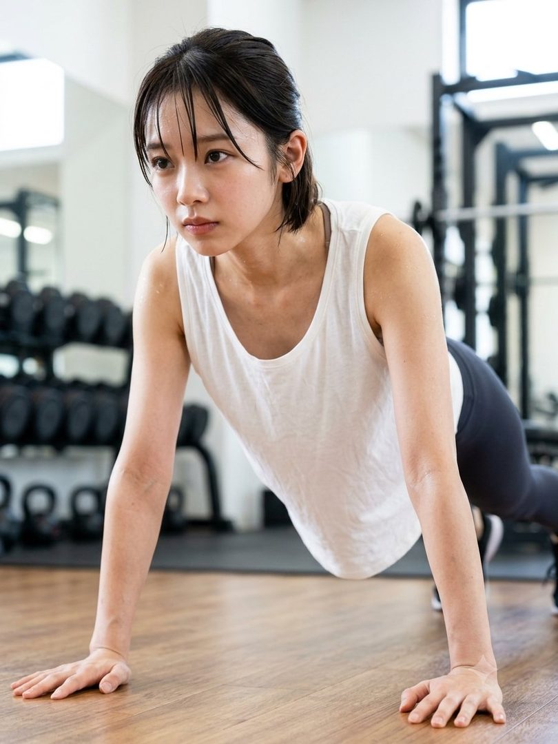 A young woman in a white tank top and black leggings is doing a plank exercise in a gym, with a focused expression.