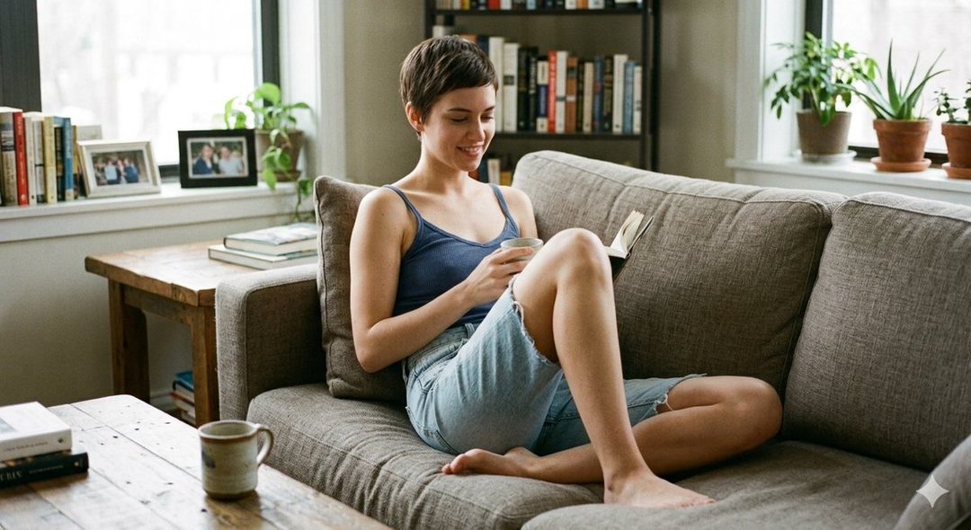 A young woman with short brown hair is sitting on a sofa, reading a book and holding a cup, in a cozy indoor setting.