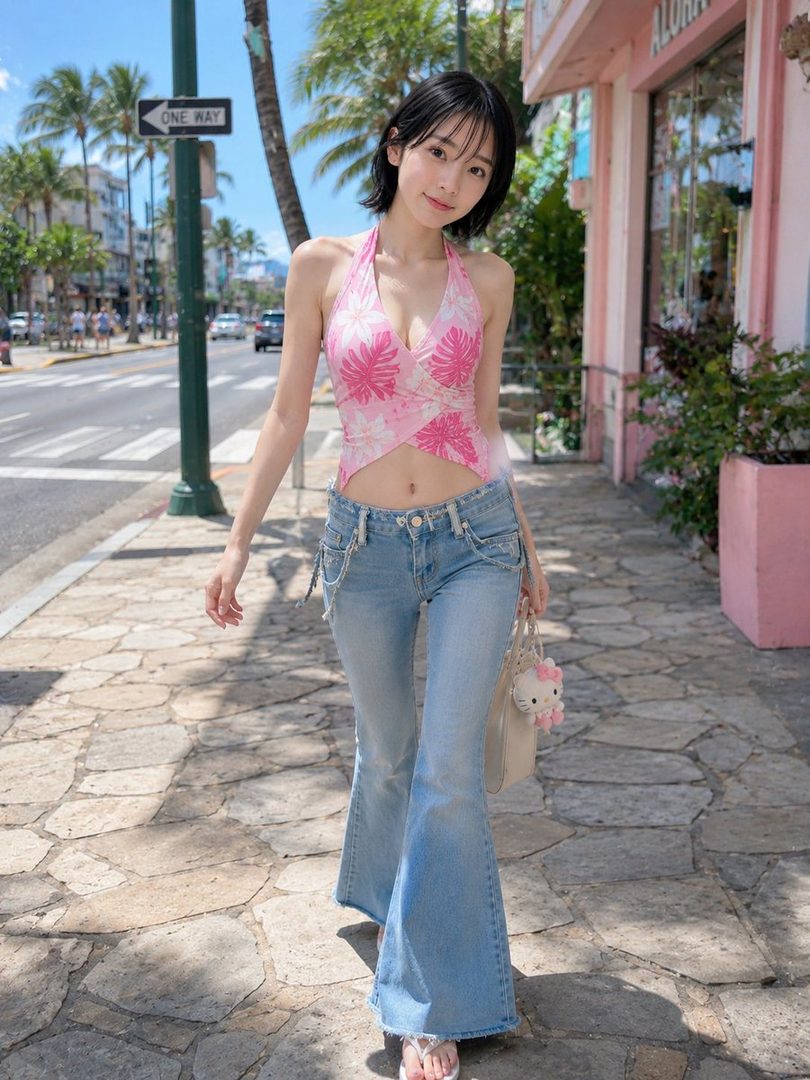 A young woman with short black hair and a pink floral halter top walks down a sunny street lined with palm trees and buildings.