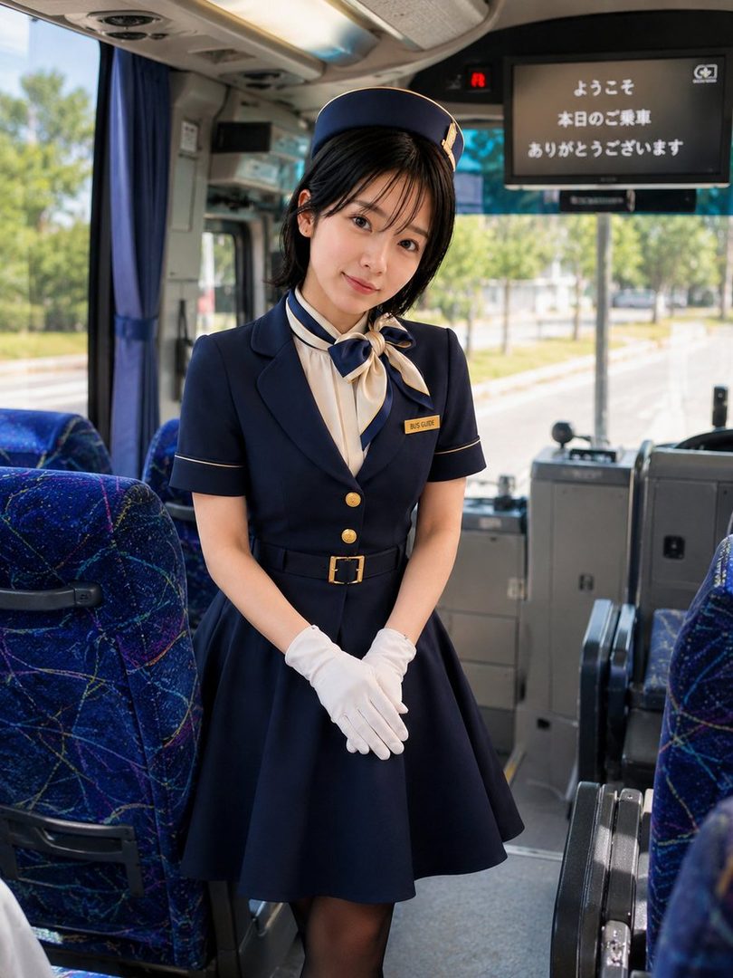 A young woman in a navy blue uniform with a hat and white gloves stands inside a bus, smiling gently at the camera.