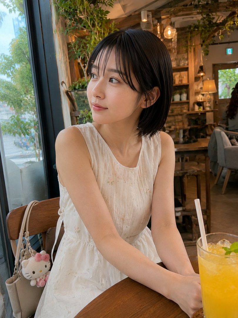 A young woman with short black hair wearing a white dress sits at a cafe table, looking out the window.