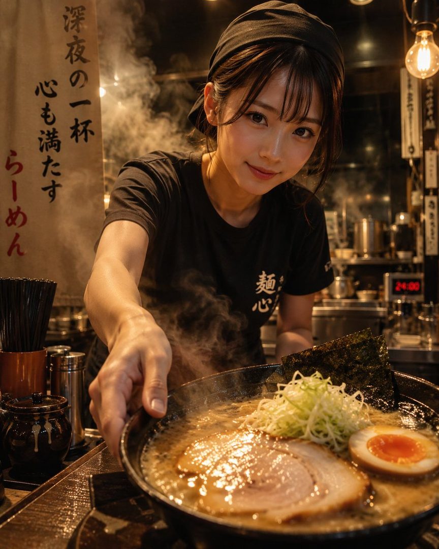 A young woman in a black t-shirt and headscarf serves a steaming bowl of ramen in a dimly lit restaurant.